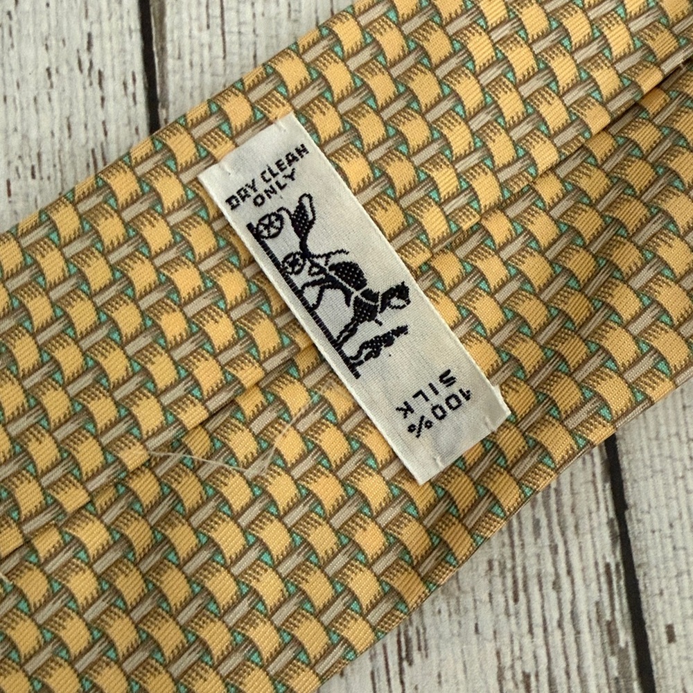 Hermes Woven Pattern Men's Tie in Gold and Teal - Picture 7 of 8